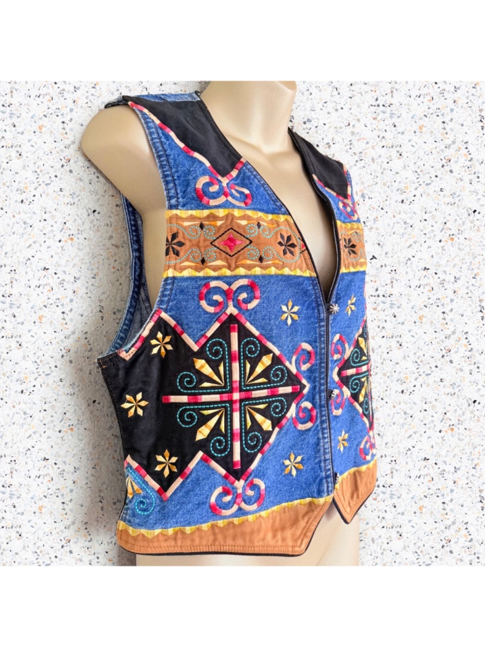 VTG 90s ROPA Southwestern Denim Vest Embroidered Aztec Western Boho Hippie M
